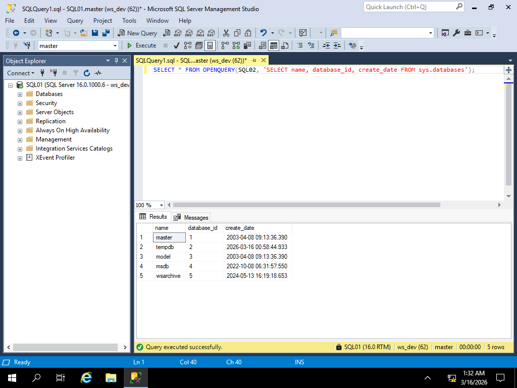在SQL01上使用OPENQUERY查询SQL02的数据